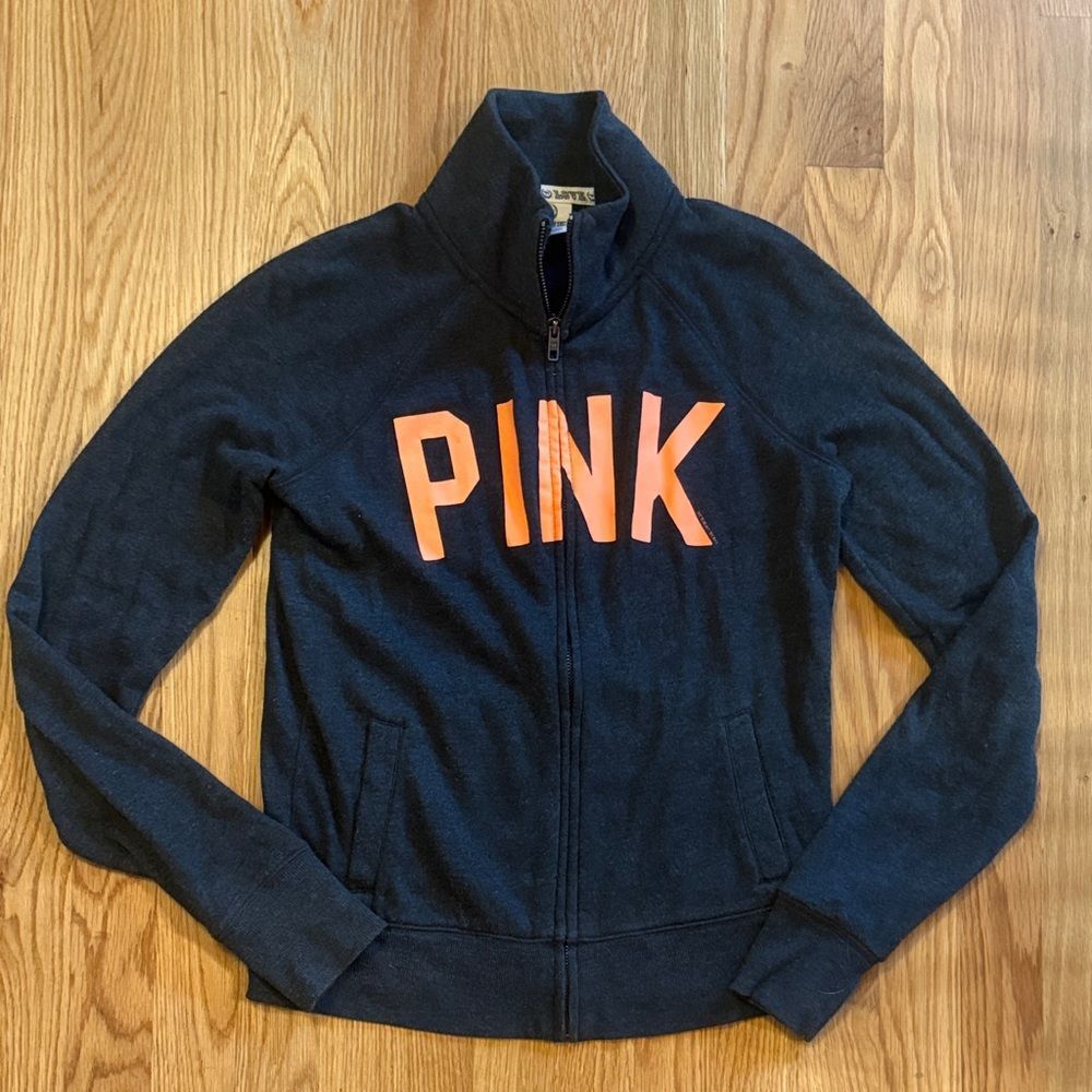 PINK zip up crew neck with pockets with logo sz XS